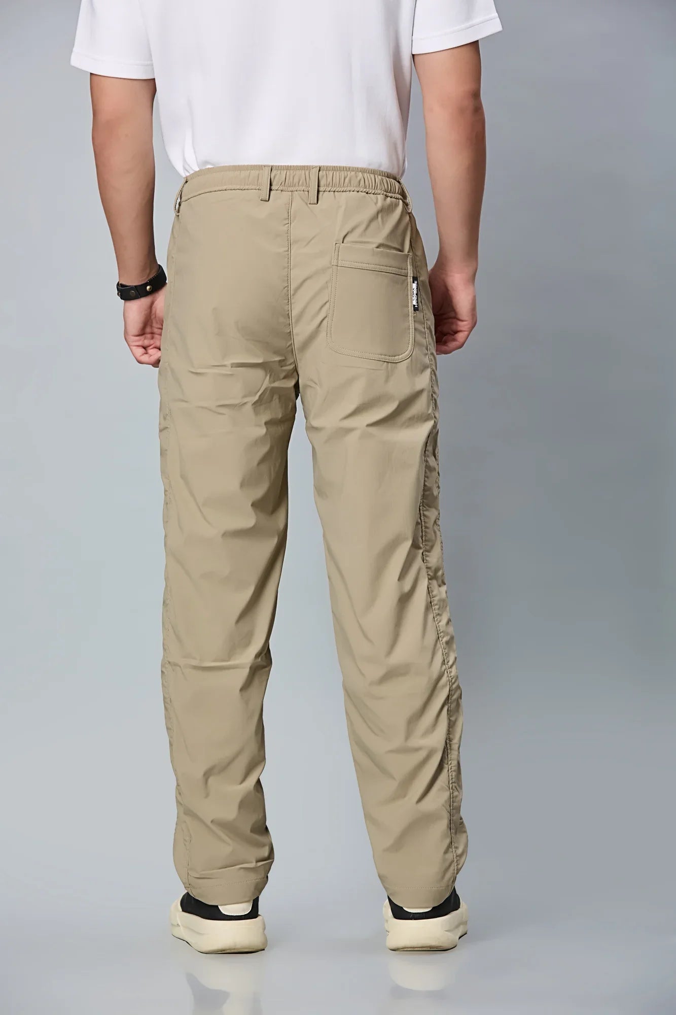 Back View of LOFA Men’s Khaki Polyester Comfort Fit Trousers – Casual Stretch Pants
