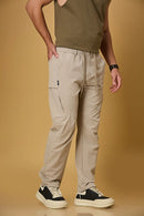 Khaki stretchable trousers side view showing two side pockets and relaxed fit.