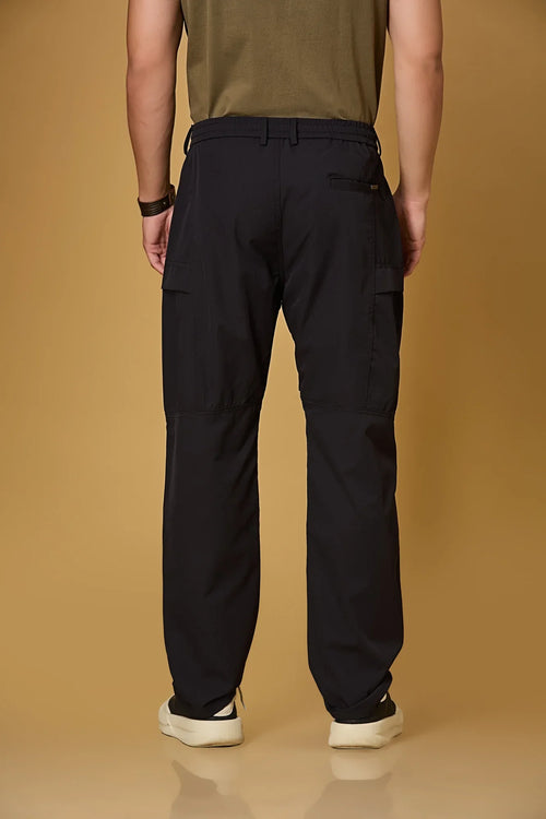 Men’s Navy Blue casual pants back view – polyester stretch fabric comfort fit.