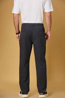 Men’s navy blue comfort fit trousers back view – soft Tencel-cotton blend.