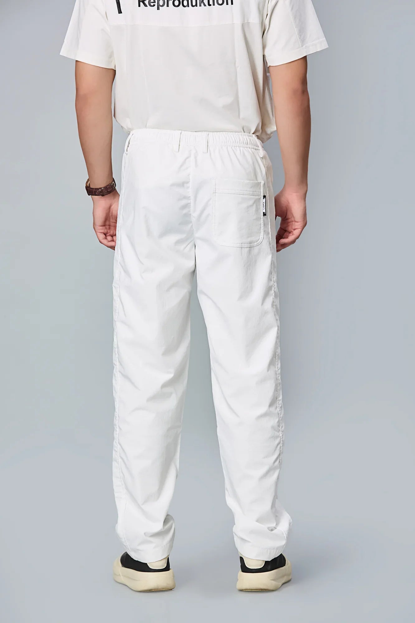 Back View of LOFA Men’s White Polyester Comfort Fit Trousers – Casual Stretch Pants