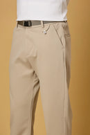 Close-up of Light Khaki Tencel cotton spandex fabric and belt detail – smooth stretch texture of LOFA men’s formal trousers.
