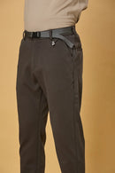 Close-up of grey Tencel cotton spandex fabric and belt detail – smooth stretch texture of LOFA men’s formal trousers.