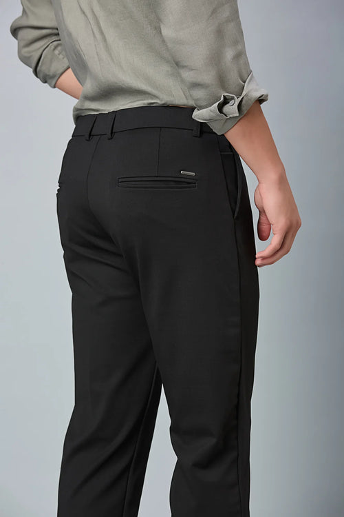 Close-up of nylon–cotton–spandex fabric and fine stitching detail of LOFA stretchable formal trousers.