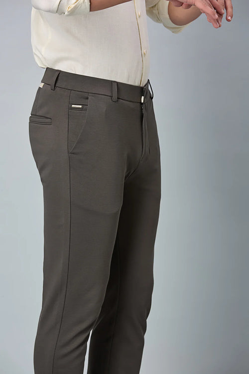 Close-up of cotton–polyester–spandex fabric showing fine stitching and smooth stretch texture of LOFA grey formal trousers.