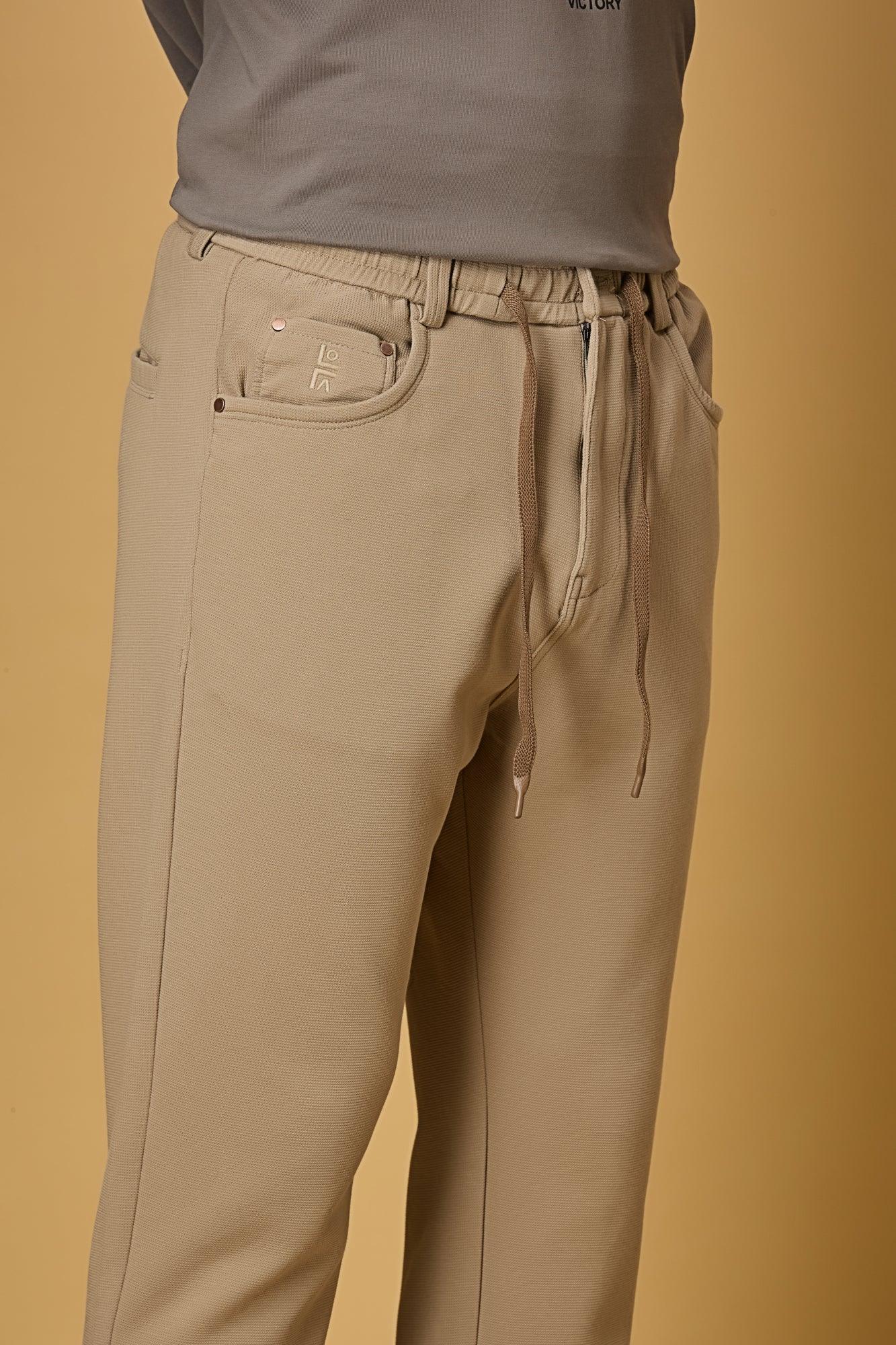 Waist String & Fabric Texture Detail on LOFA Men’s khaki 4-Way Stretch Trousers