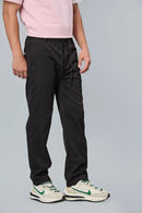 Side View of LOFA black Comfort Fit Polyester Trousers with Waist Strings