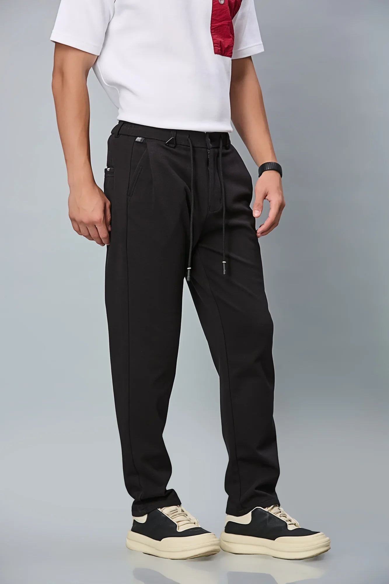 Side View of black Relaxed Fit Stretchable Trousers with Waist String – LOFA