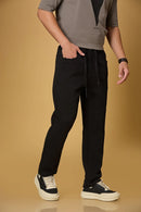 Side View of Black Relaxed Fit Trousers with Waist String – LOFA