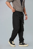 Side View of LOFA Black Comfort Fit Trousers with Waist String
