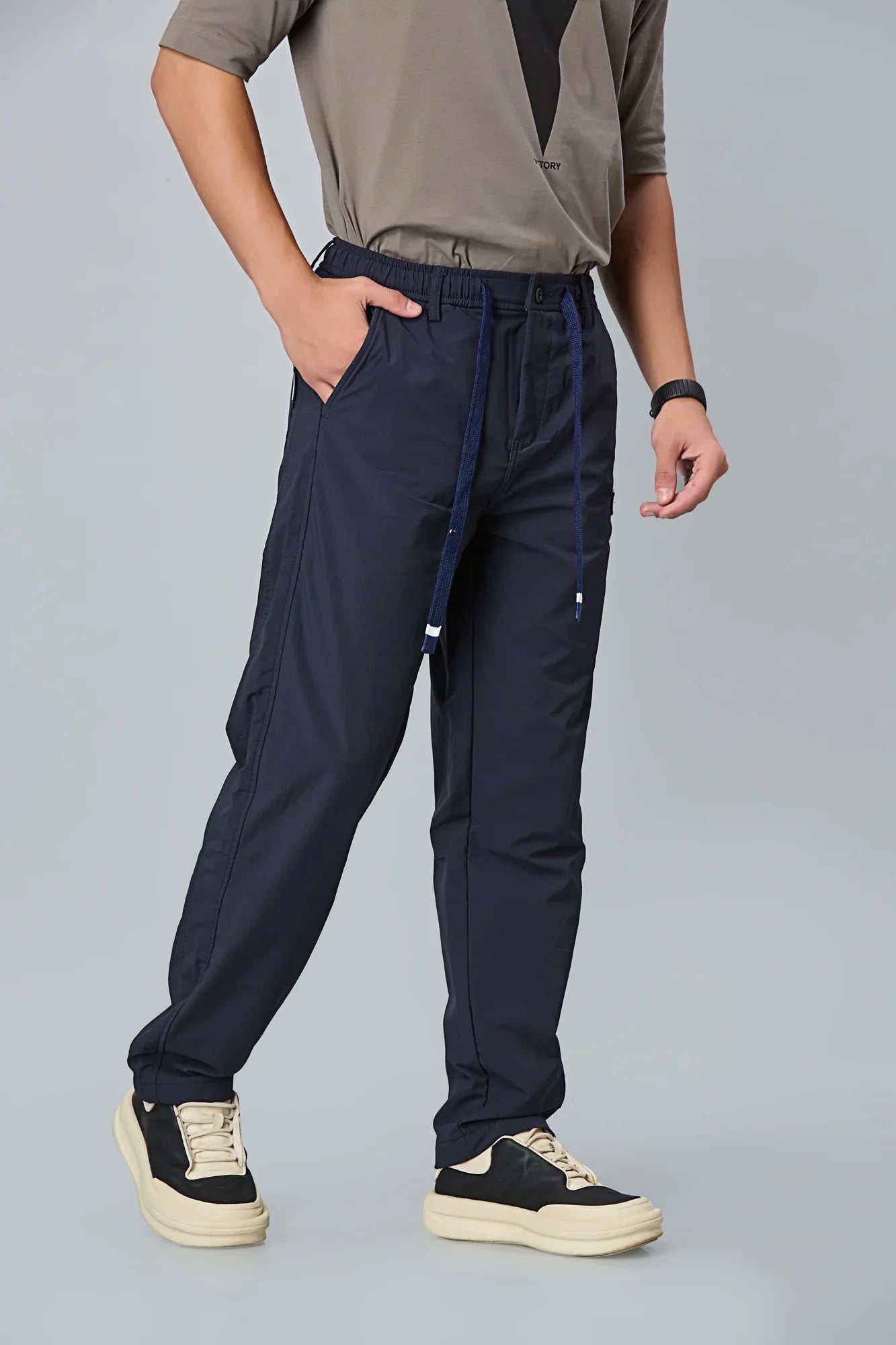 Side View of LOFA Dark Blue Comfort Fit Trousers with Waist String