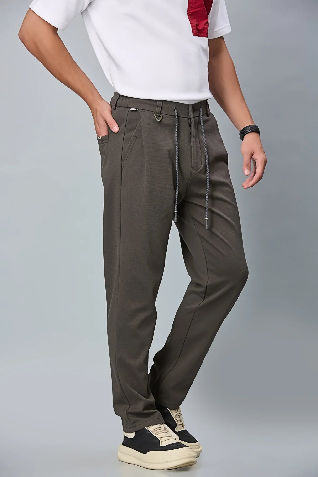 Side View of grey Relaxed Fit Stretchable Trousers with Waist String – LOFA