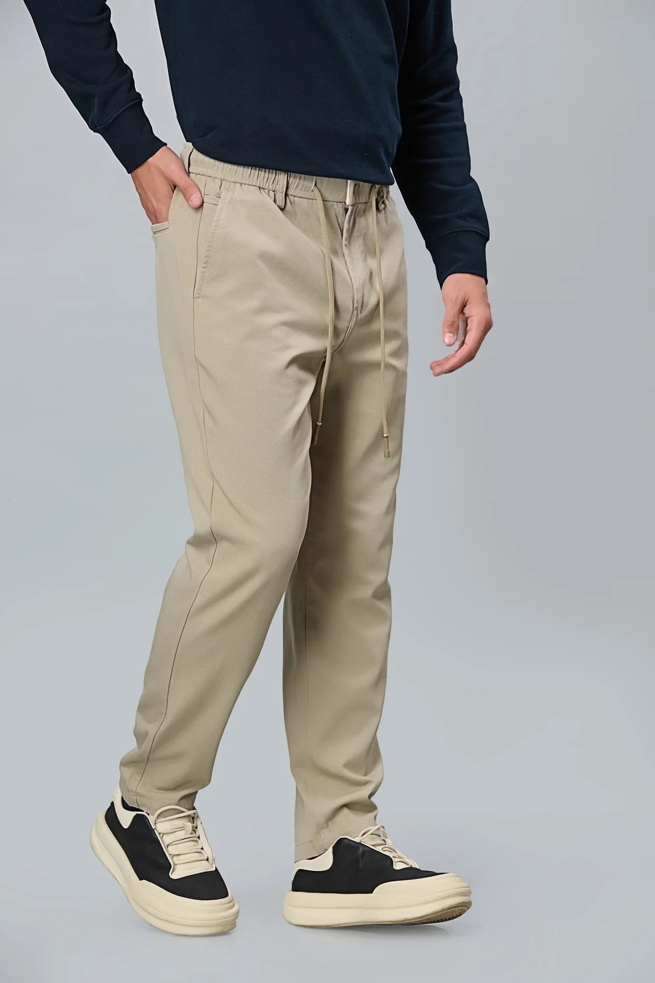 Side View of grey Comfort Fit Trousers with Waist Strings – LOFA