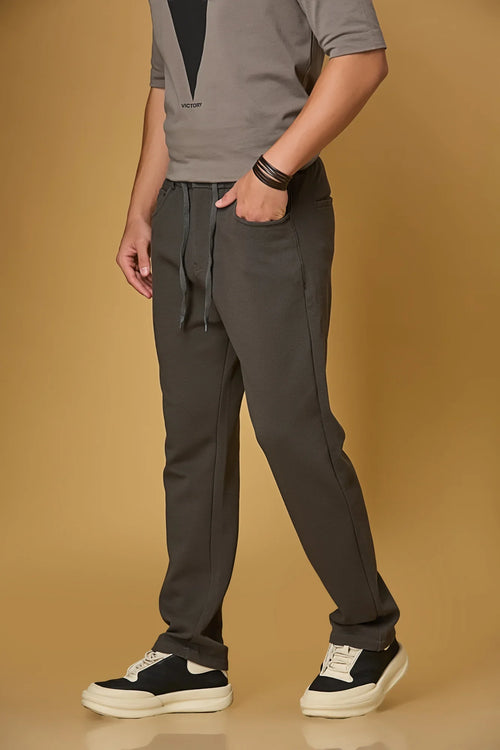 Side View of grey Relaxed Fit Trousers with Waist String – LOFA