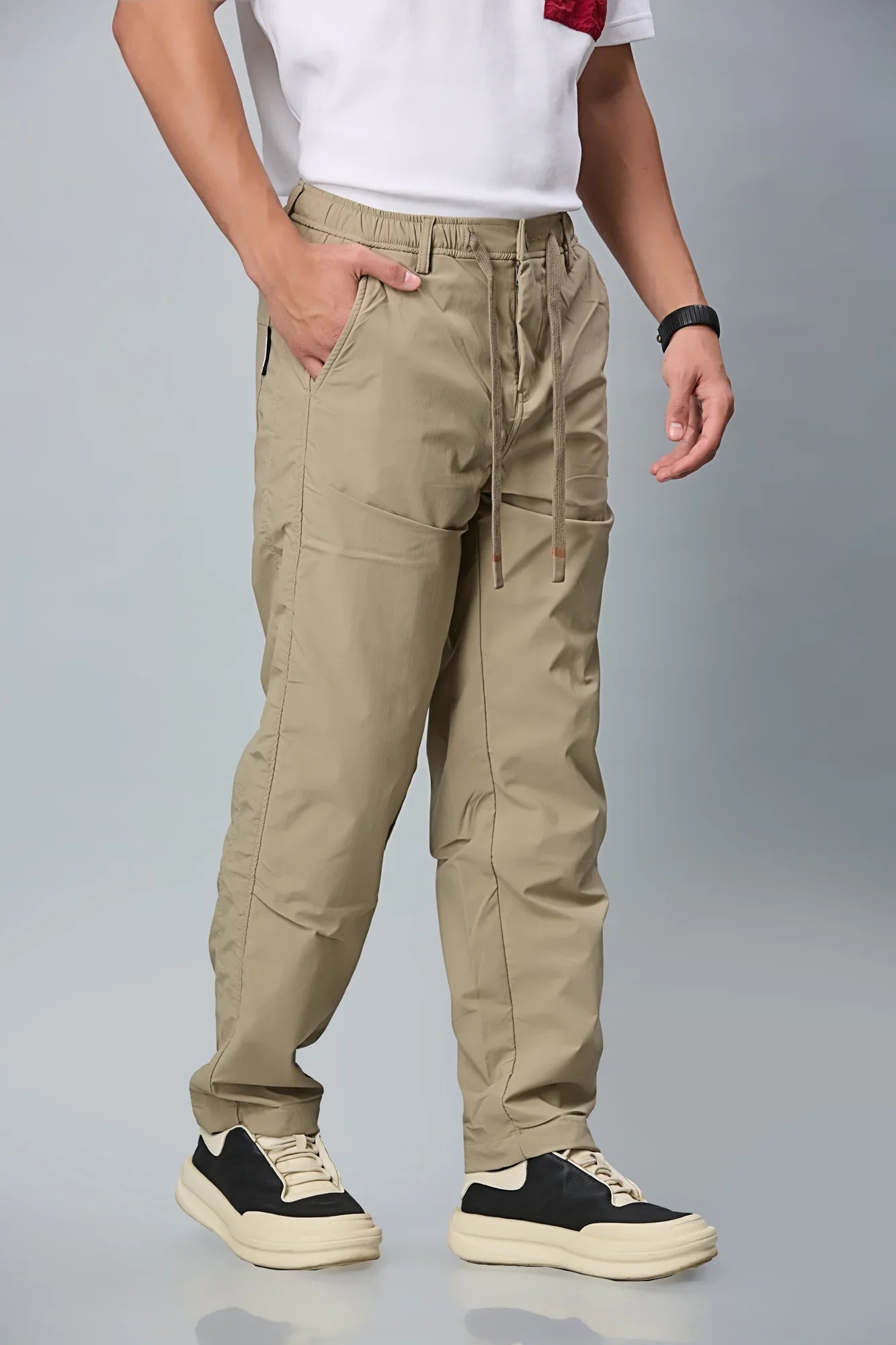 Side View of LOFA Khaki Comfort Fit Trousers with Waist String