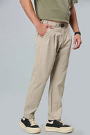 khaki stretchable trousers side view showing comfort fit and pleated front.
