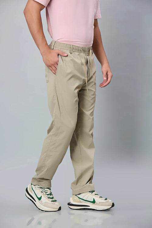 Side View of LOFA khaki Comfort Fit Polyester Trousers with Waist Strings