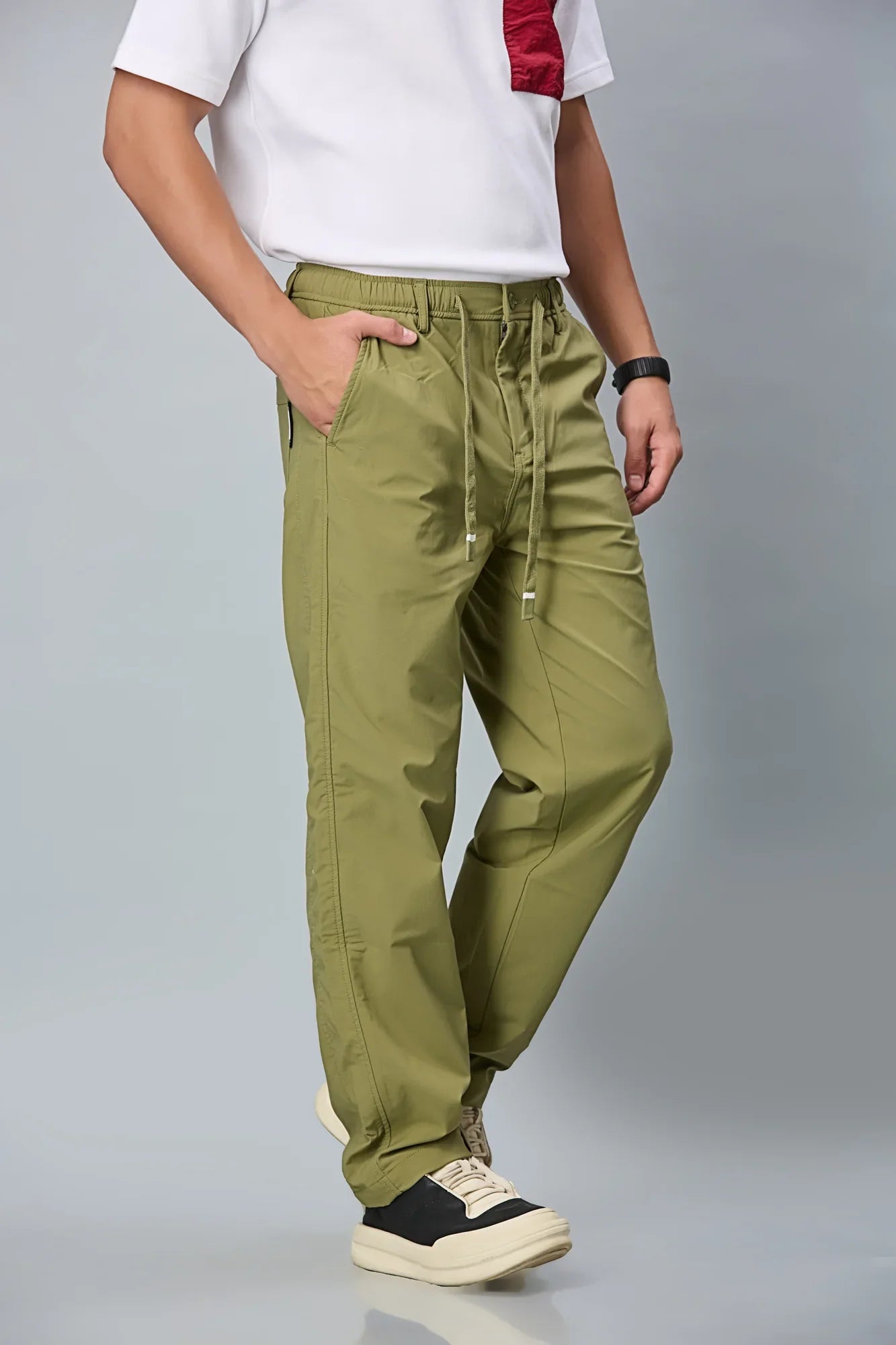 Side View of LOFA Mehndi Green Comfort Fit Trousers with Waist String