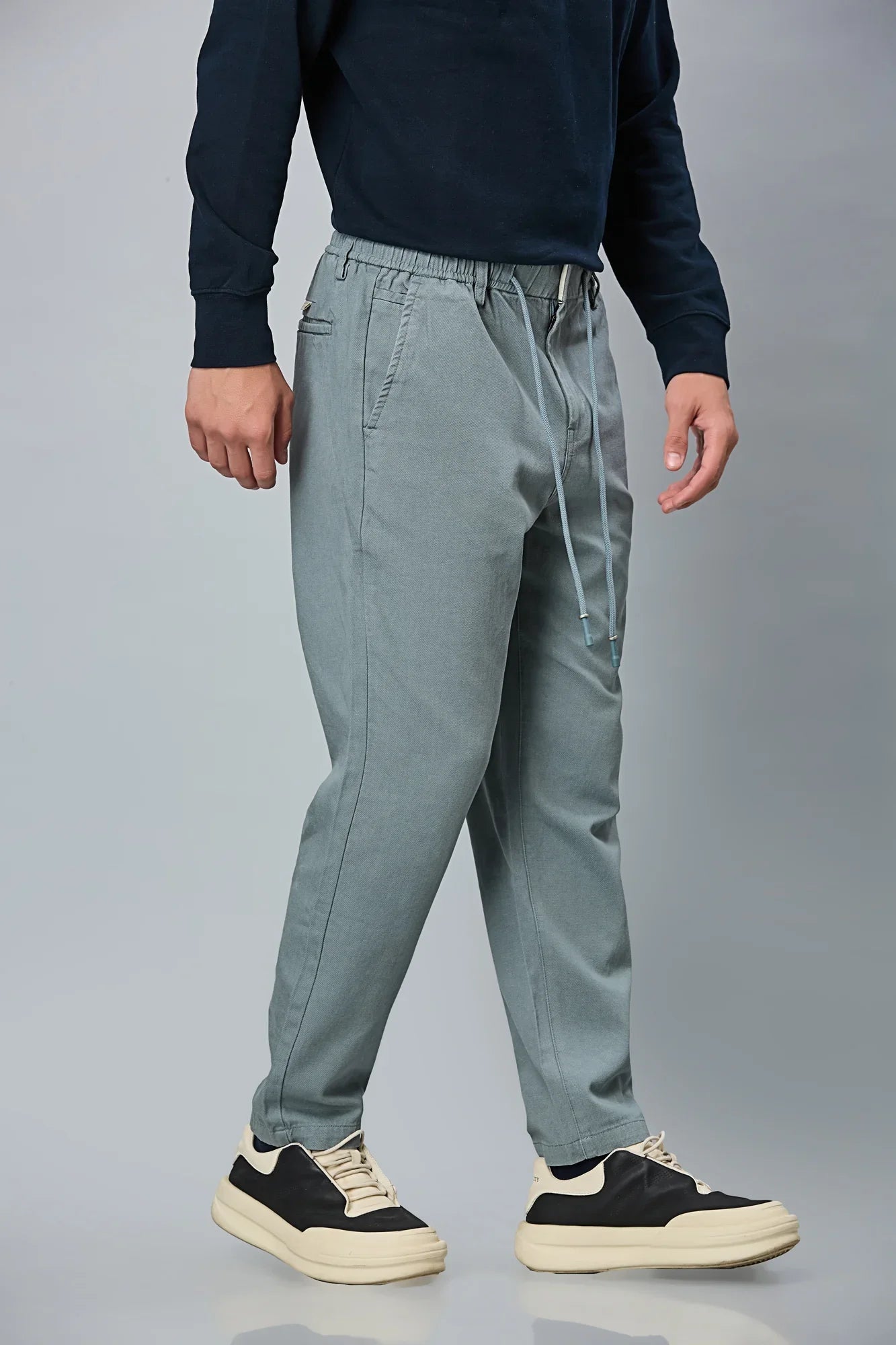 Side View of Aqua Blue Comfort Fit Trousers with Waist Strings – LOFA