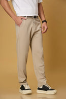 Side view of Light Khaki straight fit casual trousers for men – LOFA stretchable Tencel cotton spandex blend with belt detail.