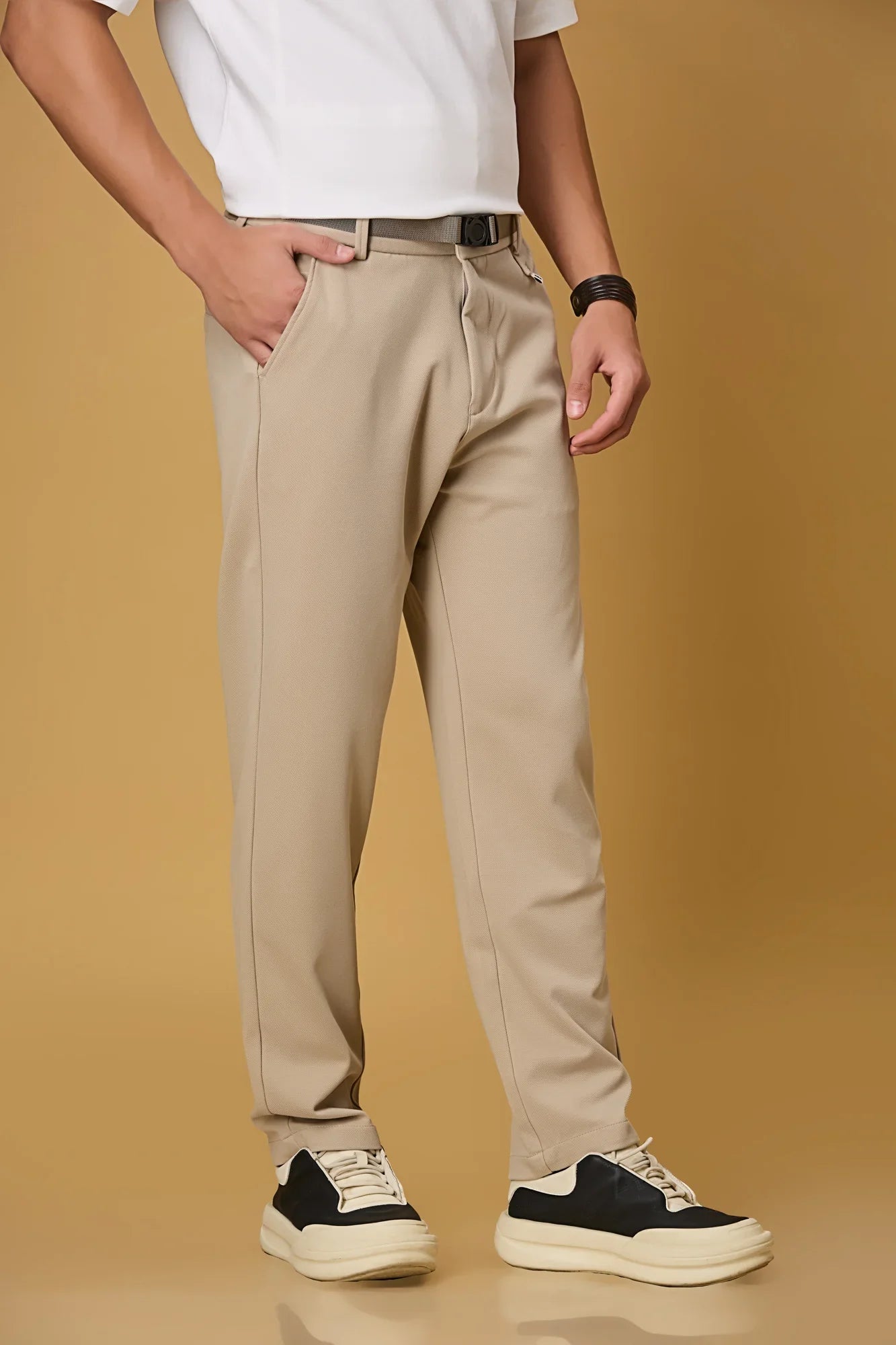 Side view of Light Khaki straight fit casual trousers for men – LOFA stretchable Tencel cotton spandex blend with belt detail.