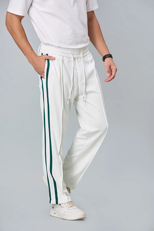 Side view of men’s white straight-fit active trousers – LOFA lightweight stretchable pants for casual and active wear.