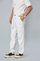 Side View of LOFA White Comfort Fit Trousers with Waist String